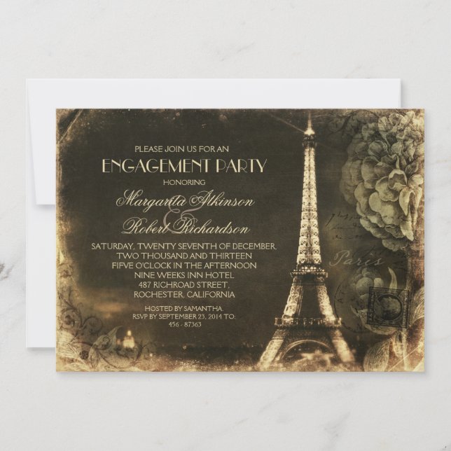 Invitación Fiesta de compromiso de la torre Eiffel de París (Anverso)