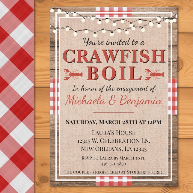 Invitación Fiesta de compromiso de langosta de langosta (Crawfish Boil Lobster Engagement Party Rustic Invitation)