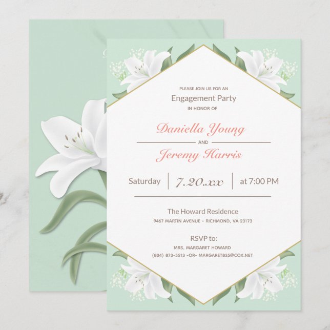 Invitación Fiesta de Compromiso de Lirios Blancos y Menta Sua (Anverso / Reverso)