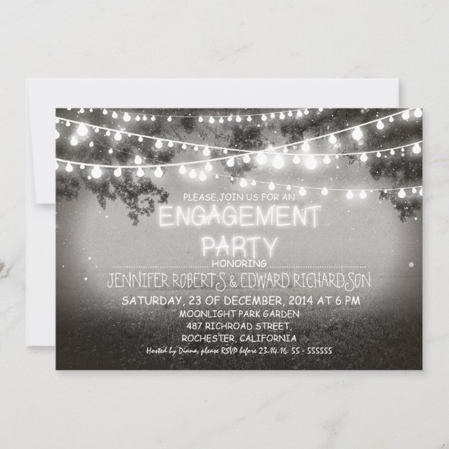 Invitación fiesta de compromiso de luces de jardín y noche ne (Anverso)
