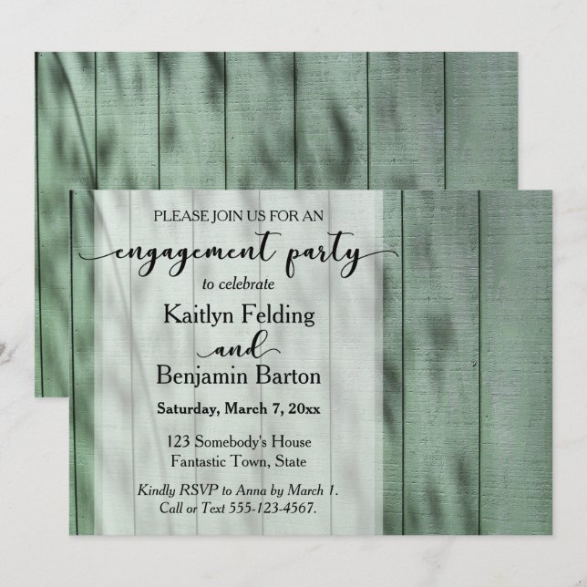 Invitación Fiesta de compromiso de madera verde antigua, rúst (Anverso / Reverso)