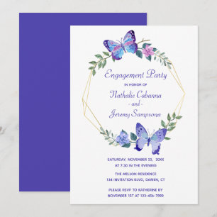Invitación Fiesta de compromiso de mariposa floral azul marip