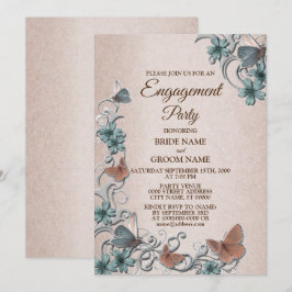 Invitación Fiesta de compromiso de mariposa floral plateada v
