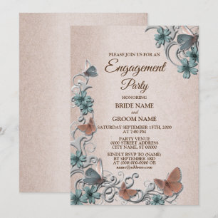 Invitación Fiesta de compromiso de mariposa floral plateada v