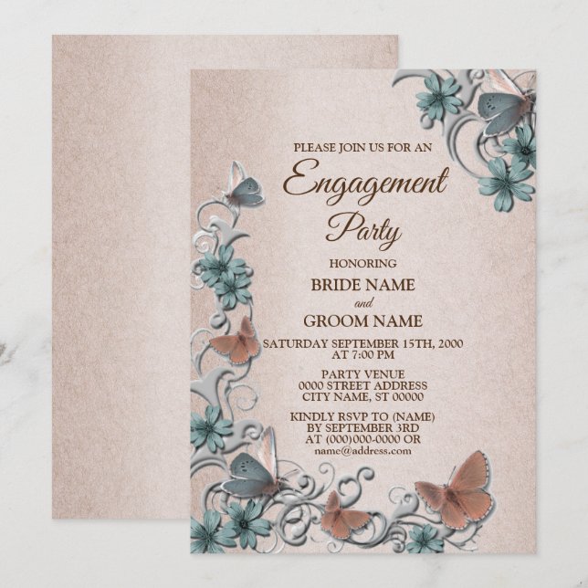 Invitación Fiesta de compromiso de mariposa floral plateada v (Anverso / Reverso)