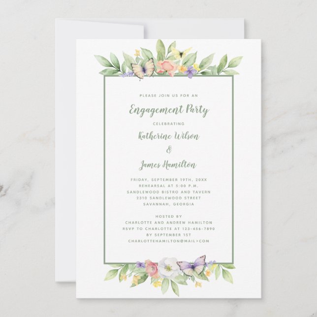 Invitación Fiesta de compromiso de mariposas florales en acua (Anverso)