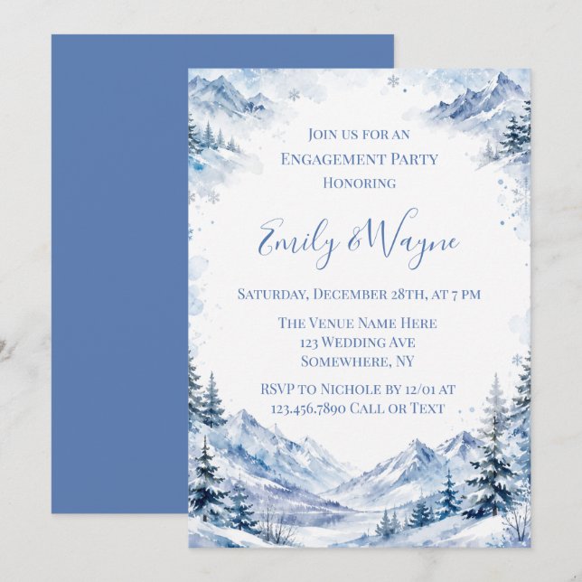 Invitación Fiesta de Compromiso de Montañas Acuarela Nevadas  (Anverso / Reverso)