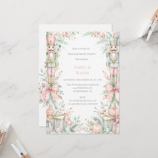 Invitación Fiesta de compromiso de Navidad Cascanueces Pastel (Anverso/Reverso In Situ)