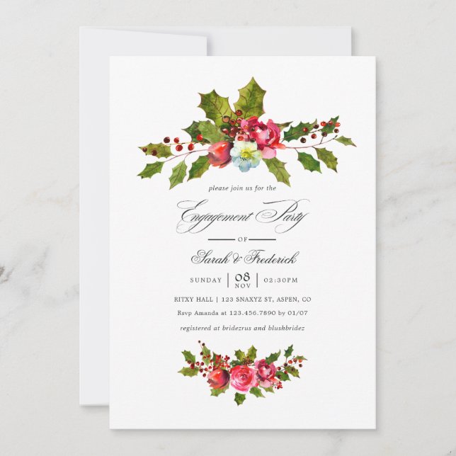 Invitación Fiesta de Compromiso de Navidad con Acebo y Hiedra (Anverso)