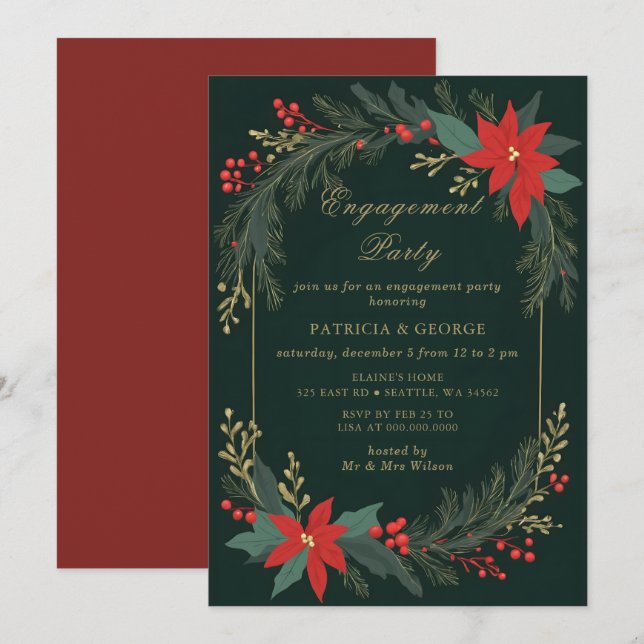 Invitación Fiesta de Compromiso de Navidad Floral de Oro Verd (Anverso / Reverso)