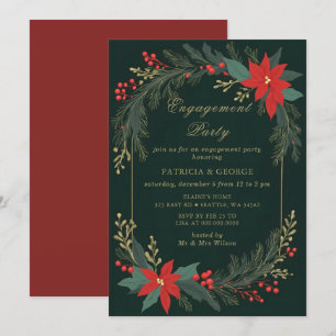 Invitación Fiesta de Compromiso de Navidad Floral de Oro Verd