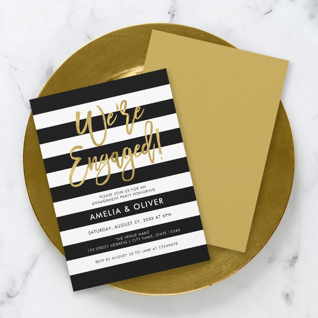 Invitación Fiesta de compromiso de oro de franjas blancas y n (Subido por el creador)