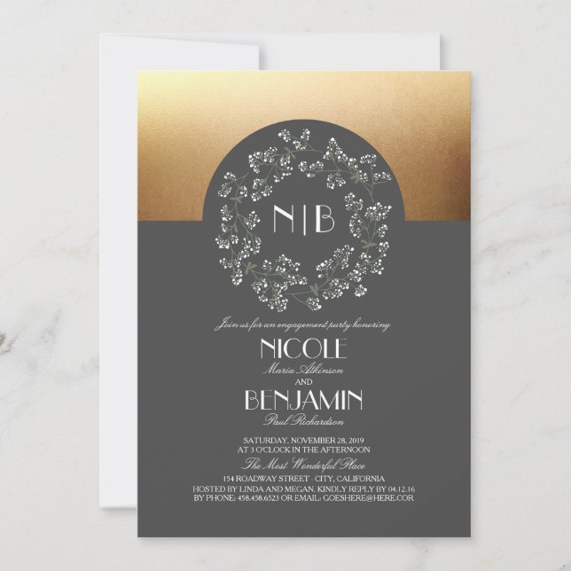 Invitación Fiesta de compromiso de oro para la flor de alient (Anverso)