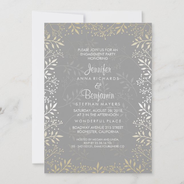 Invitación Fiesta de compromiso de oro y plata para el alient (Anverso)