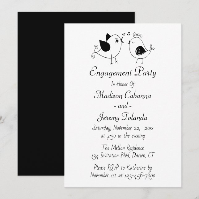 Invitación Fiesta de Compromiso de Pájaros de Amor Blanco Neg (Anverso / Reverso)