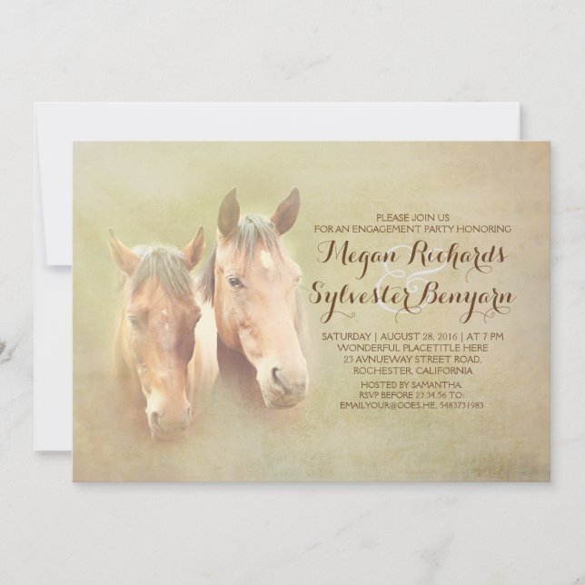 Invitación fiesta de compromiso de pareja de caballos de camp (Anverso)
