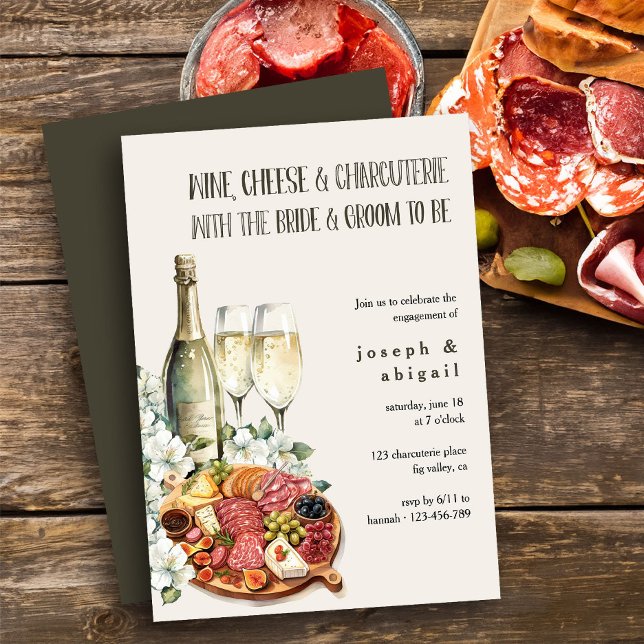 Invitación Fiesta de compromiso de parejas de embutidos de qu (Wine Cheese and Charcuterie Engagement Party Invitation)