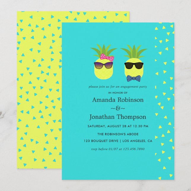 Invitación Fiesta de compromiso de piña divertida turquesa y  (Anverso / Reverso)