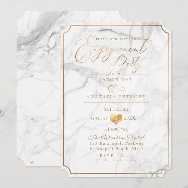 Invitación Fiesta de compromiso de PixDezines mármol/oro fals (Anverso / Reverso)