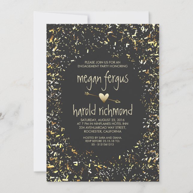 Invitación Fiesta de compromiso de pizarra de confeti de oro (Anverso)