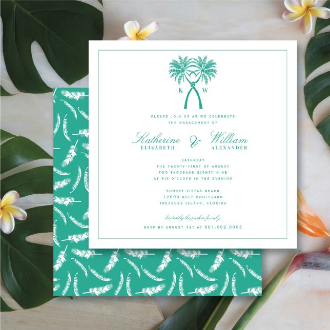 Invitación Fiesta de compromiso de playa Monograma de palmera (Knotted Palm Trees Monogram Beach Engagement Party Invitation @ fatfatin_blue_knot)
