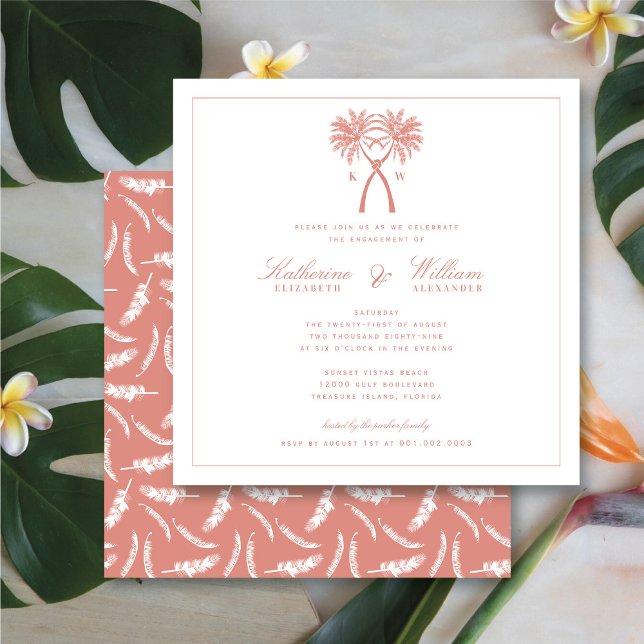 Invitación Fiesta de compromiso de playa Monograma de palmera (Knotted Palm Trees Monogram Beach Engagement Party Invitation @ fatfatin_blue_knot)