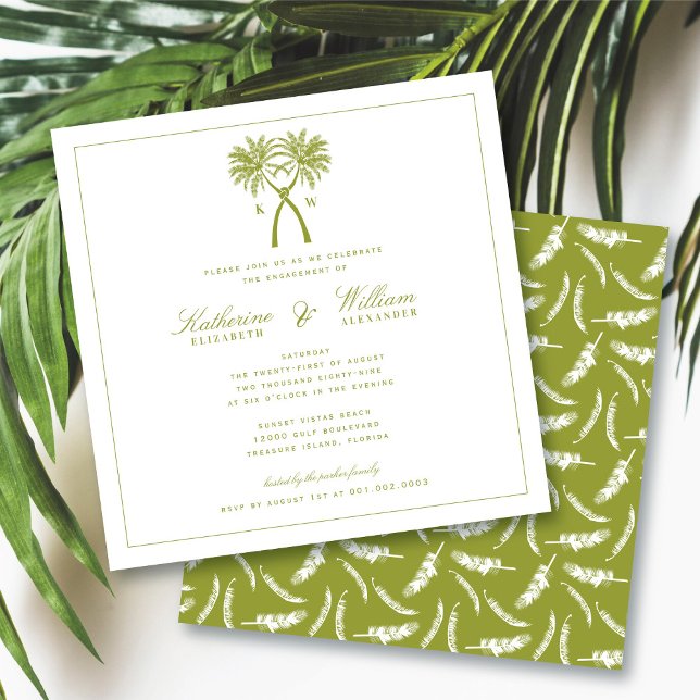 Invitación Fiesta de compromiso de playa Monograma de palmera (Knotted Palm Trees Monogram Tropical Beach Engagement Party Invitation @ fatfatin_blue_knot)