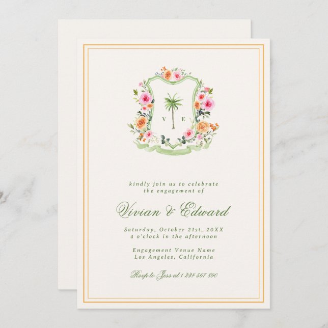 Invitación Fiesta de compromiso de playa tropical con monogra (Anverso / Reverso)