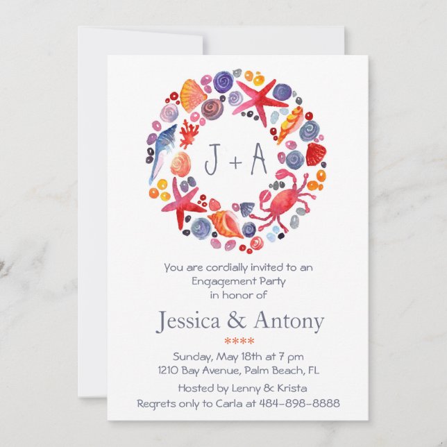 Invitación Fiesta de compromiso de playa Wreath Beach (Anverso)