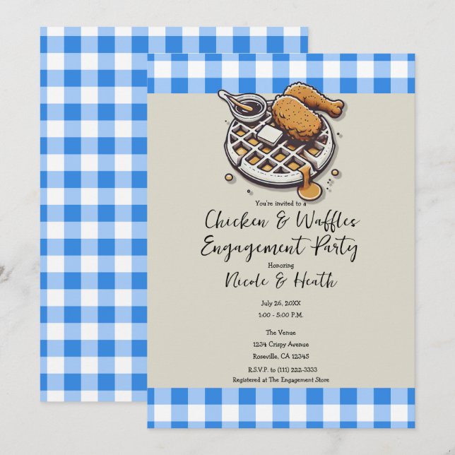 Invitación Fiesta de compromiso de Pollo Frito y Waffles Blue (Anverso / Reverso)