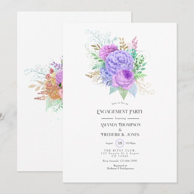 Invitación Fiesta de compromiso de primavera floral (Anverso / Reverso)