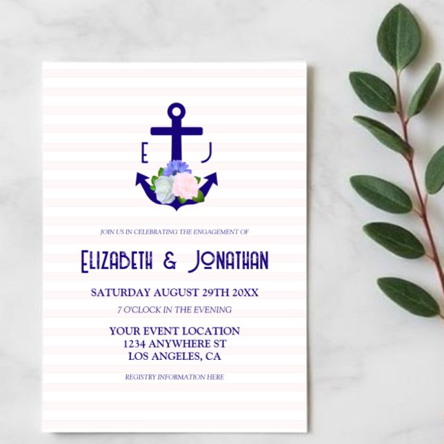 Invitación Fiesta de compromiso de rayas florales náuticas (Subido por el creador)