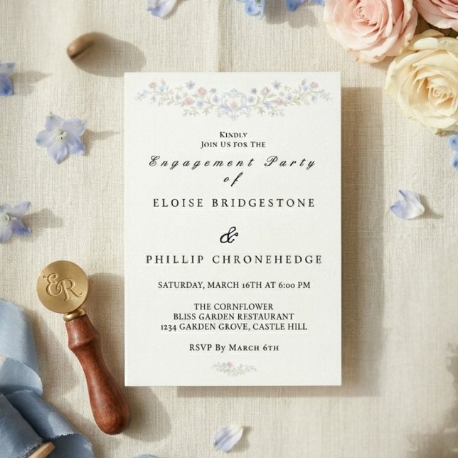 Invitación Fiesta de compromiso de regencia floral elegante v (Vintage Elegant Floral Regency Engagement Party Invitation)