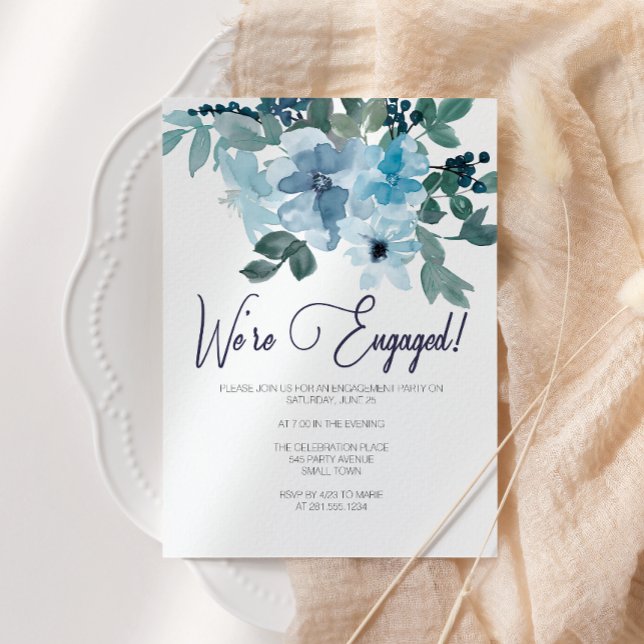 Invitación Fiesta de compromiso de rosas acuarela azul pastel (Subido por el creador)