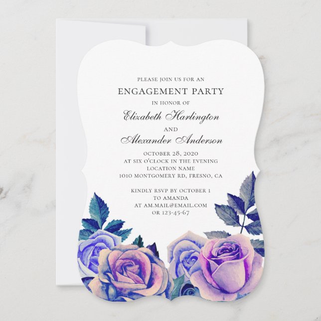 Invitación Fiesta de compromiso de rosas azules y morados. Fl (Anverso)