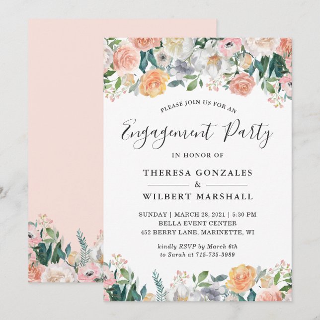 Invitación Fiesta de compromiso de rosas de jardín (Anverso / Reverso)