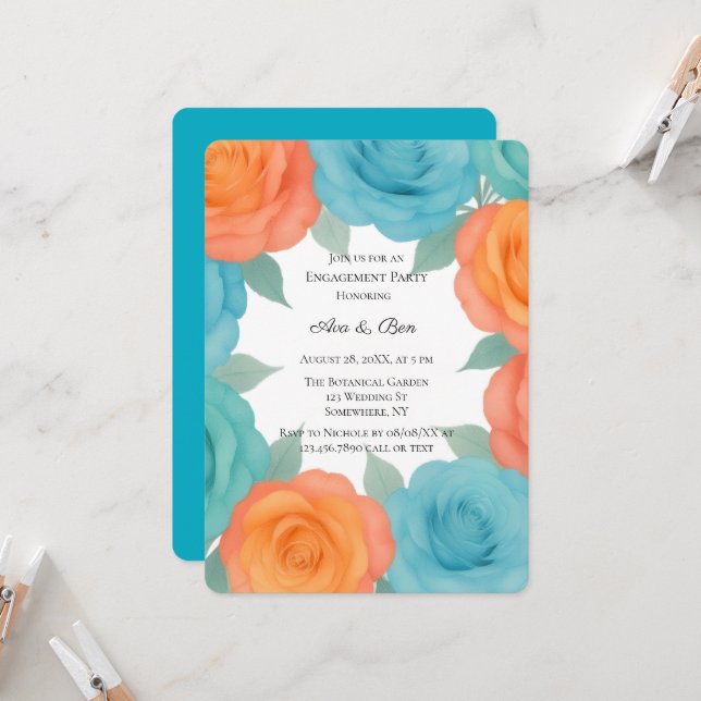 Invitación Fiesta de compromiso de rosas naranjas y azul verd (Anverso/Reverso In Situ)