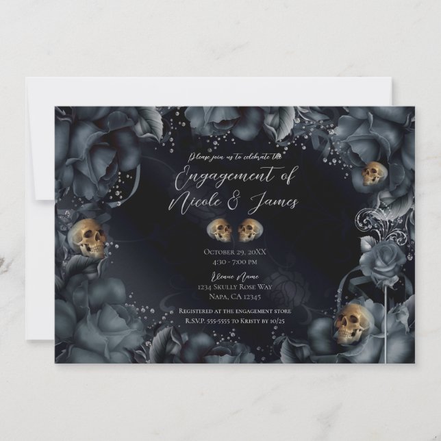 Invitación Fiesta de compromiso de Rosas y cráneos de azul gr (Anverso)