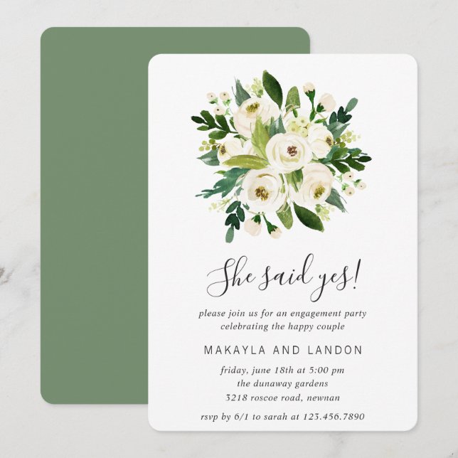 Invitación Fiesta de compromiso de roses blancos de vegetació (Anverso / Reverso)