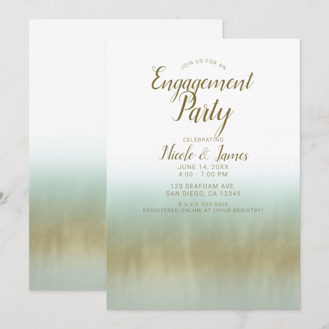 Invitación Fiesta de compromiso de Sea Foam Gold White Elegan (Anverso / Reverso)