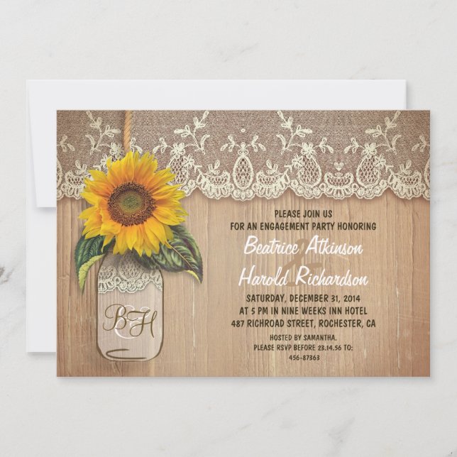 Invitación fiesta de compromiso de tarro de girasol rústico (Anverso)