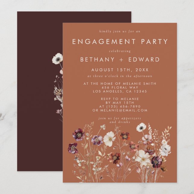 Invitación Fiesta de compromiso de terracota floral de otoño (Anverso / Reverso)