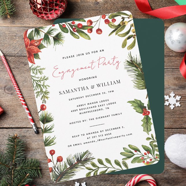Invitación Fiesta de compromiso de vacaciones de Navidades de (Watercolor Christmas Holiday Engagement Party Invitation)