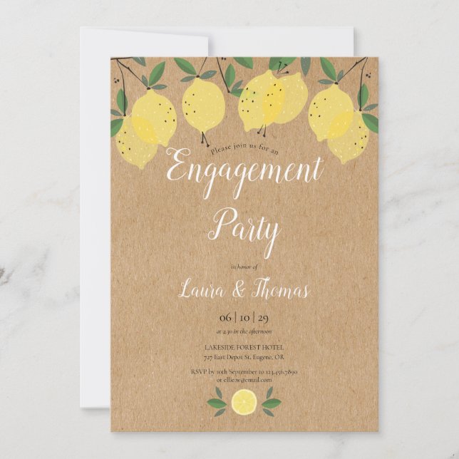 Invitación Fiesta de compromiso de verde follaje y limón rúst (Anverso)