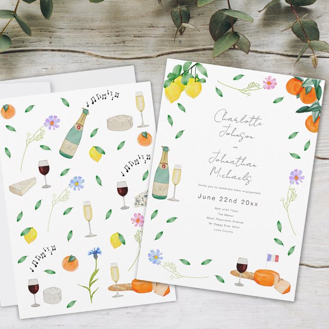 Invitación Fiesta de compromiso de vino y queso bohemio (Boho floral wine and cheese citrus engagement party invitation whimsical watercolor illustration )
