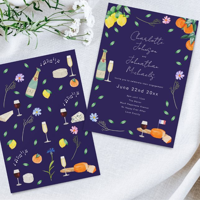 Invitación Fiesta de Compromiso de Vino y Queso Boho Chic Fra (Wildflower boho citrus floral navy blue french wine and cheese Wedding invitation )