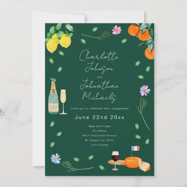 Invitación Fiesta de compromiso de vino y queso boho europeo (Anverso)