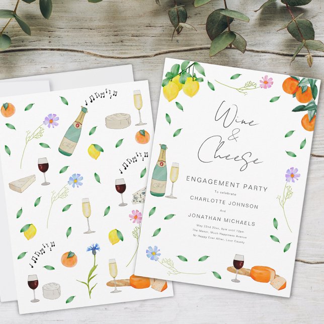 Invitación Fiesta de Compromiso de Vino y Queso Rústico Boho (Wine and cheese chic boho floral watercolor engagement party invitation)