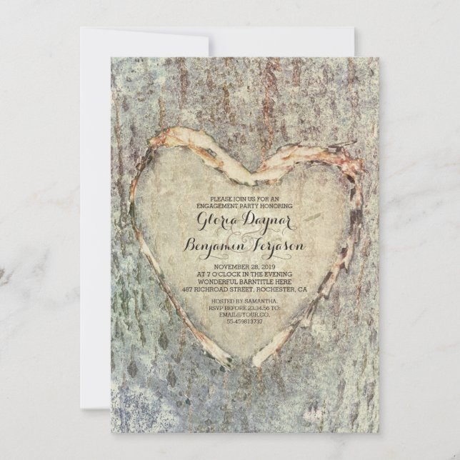 Invitación fiesta de compromiso de vintage de árbol de corazó (Anverso)