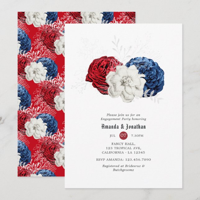 Invitación Fiesta de compromiso del 4 de julio Rojo Blanco y  (Anverso / Reverso)